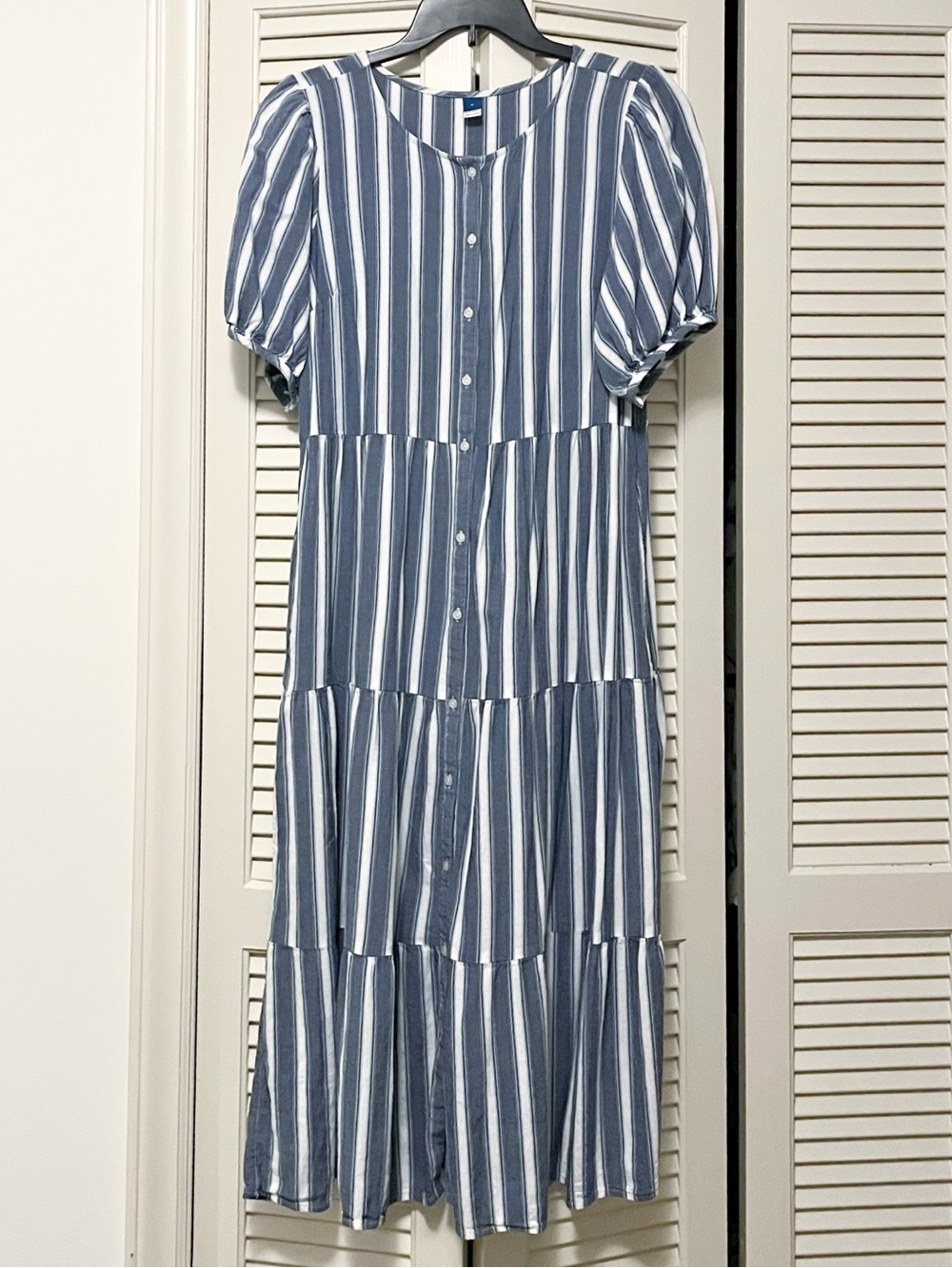 Old Navy Blue and White Striped Tiered Midi Dress